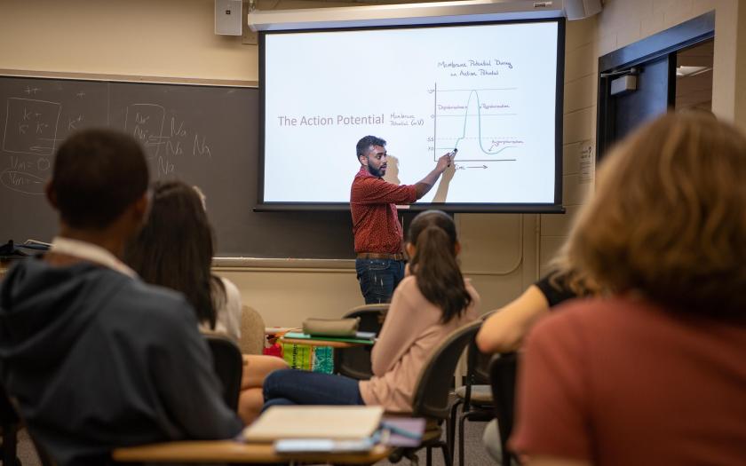 A classroom with a teacher pointing at a graph on the board