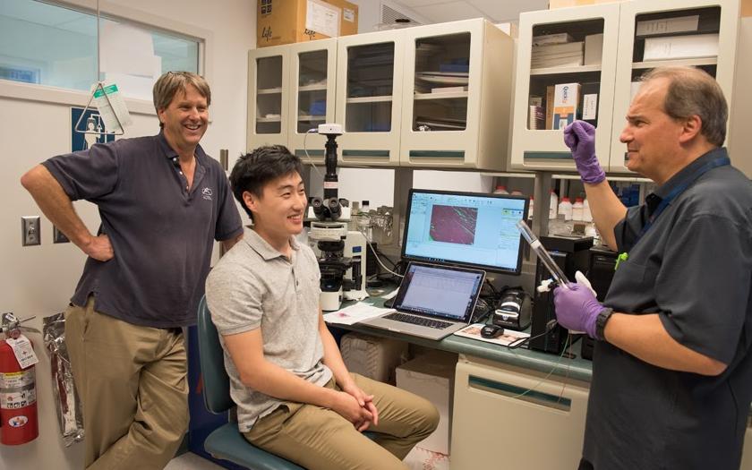 Two researchers and a student discuss their findings in the lab
