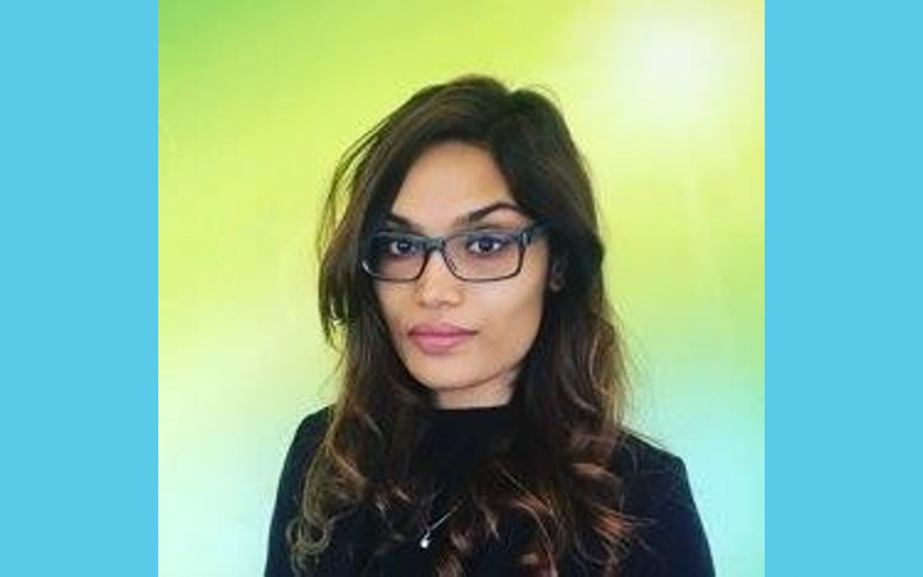 Sahani Wijesinghe portrait with a neon background and blue borders