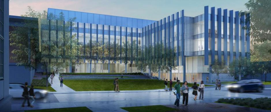 modern glass building with formal entry