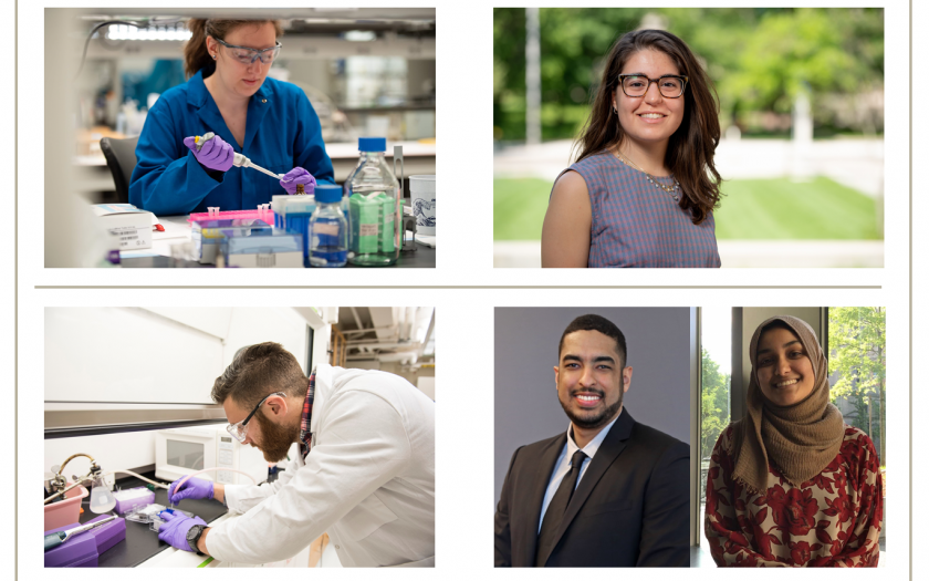 PhD students in labs and standing for their portraits in a grid