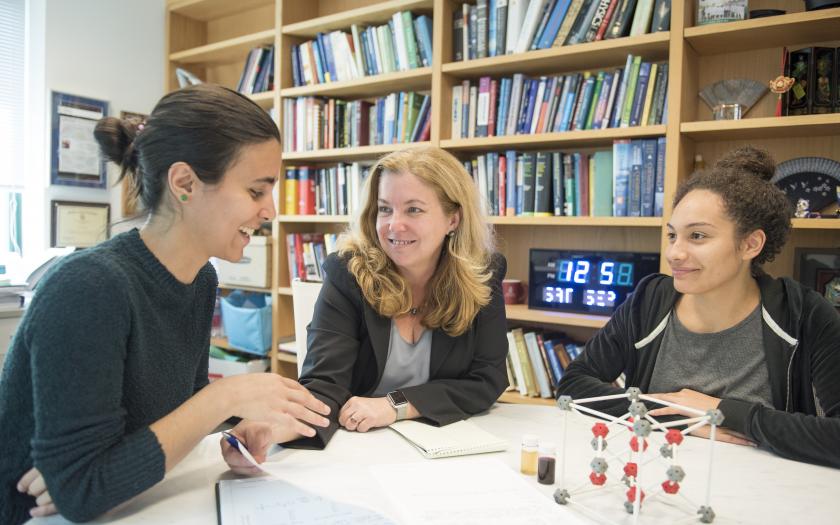 A researcher, postdoc, and undergraduate discusses research in front of a chemical model