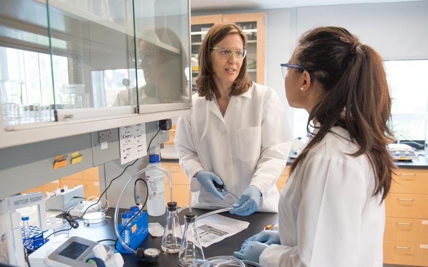 Two researchers discuss an experiment in a lab