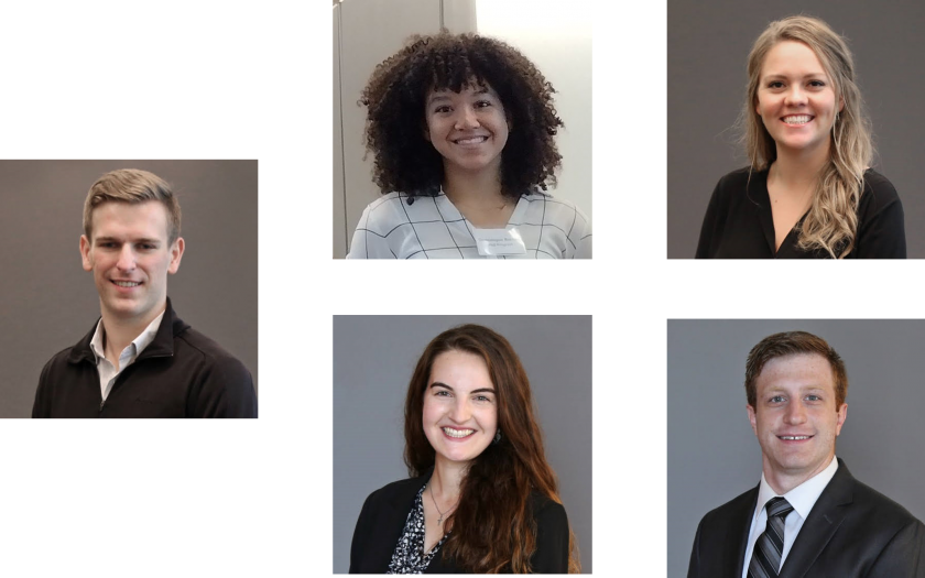 Five PhD Students portraits in a grid