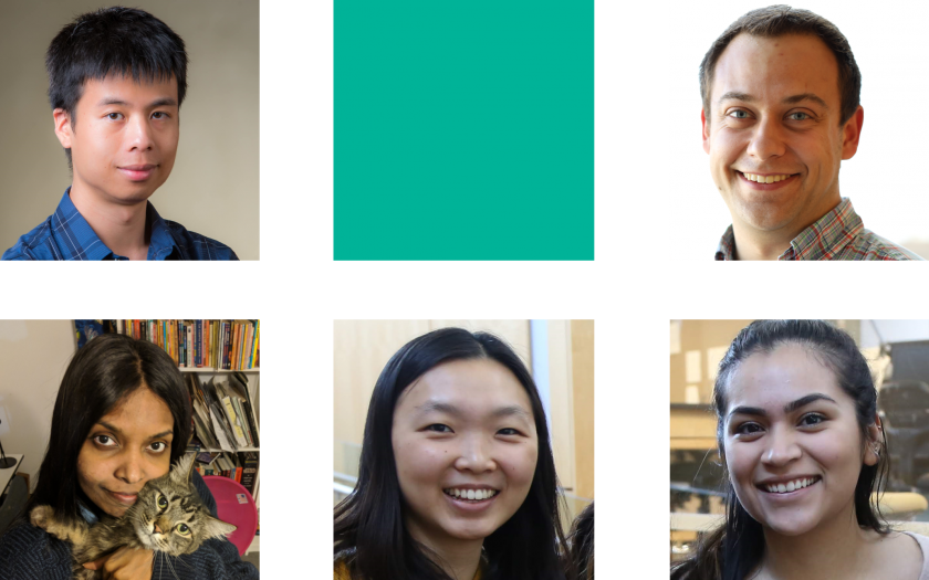 Five students portrait in a grid with a green square
